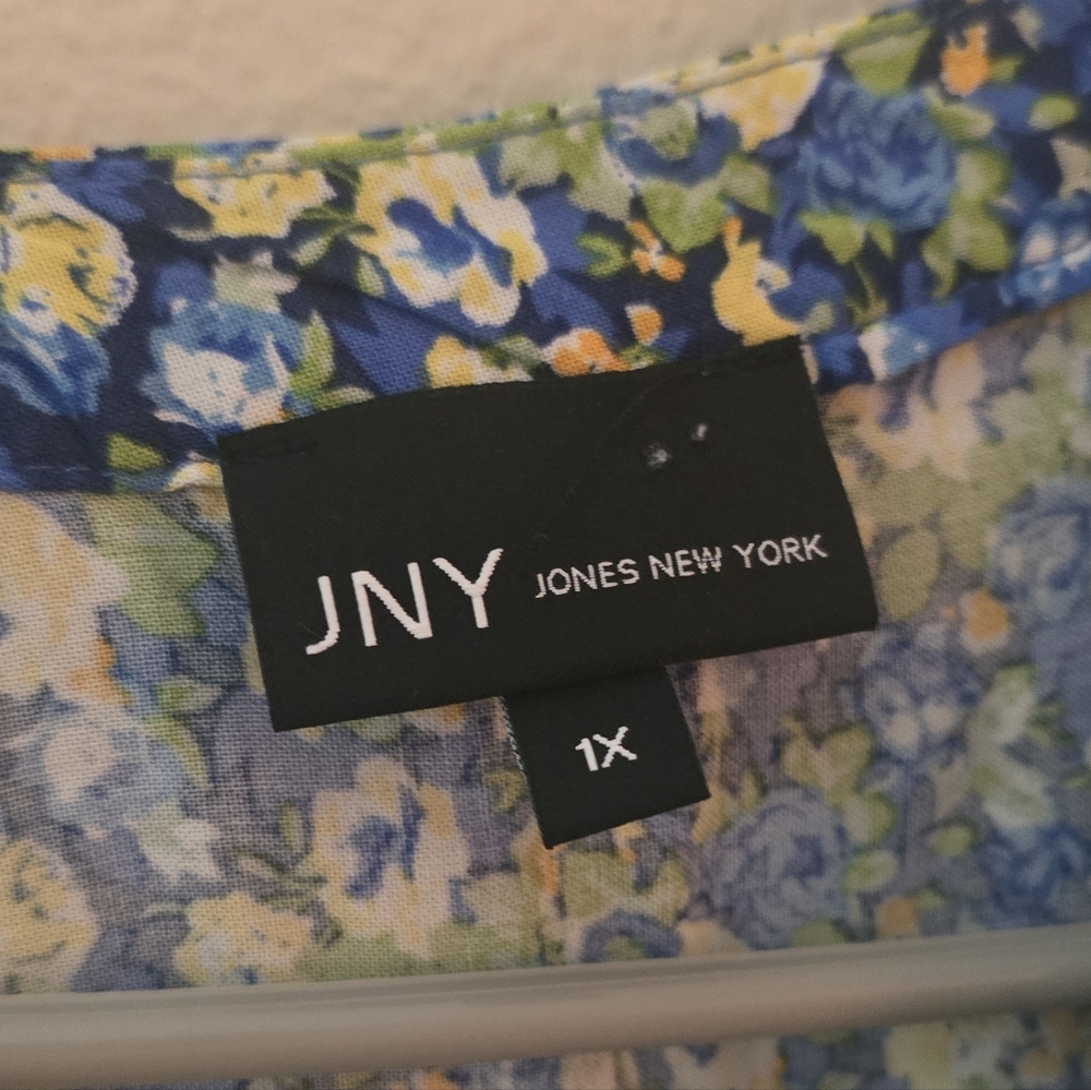 Jones New York Floral Blouse Blue Green Tie Sleeve Sheer Work Boho Top 1X - Picture 2 of 5